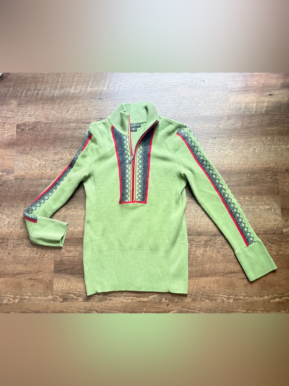 Eddie Bauer Fair Isle Merino Wool half Zip Sweater Green Petite Medium PM EUC - Picture 5 of 13